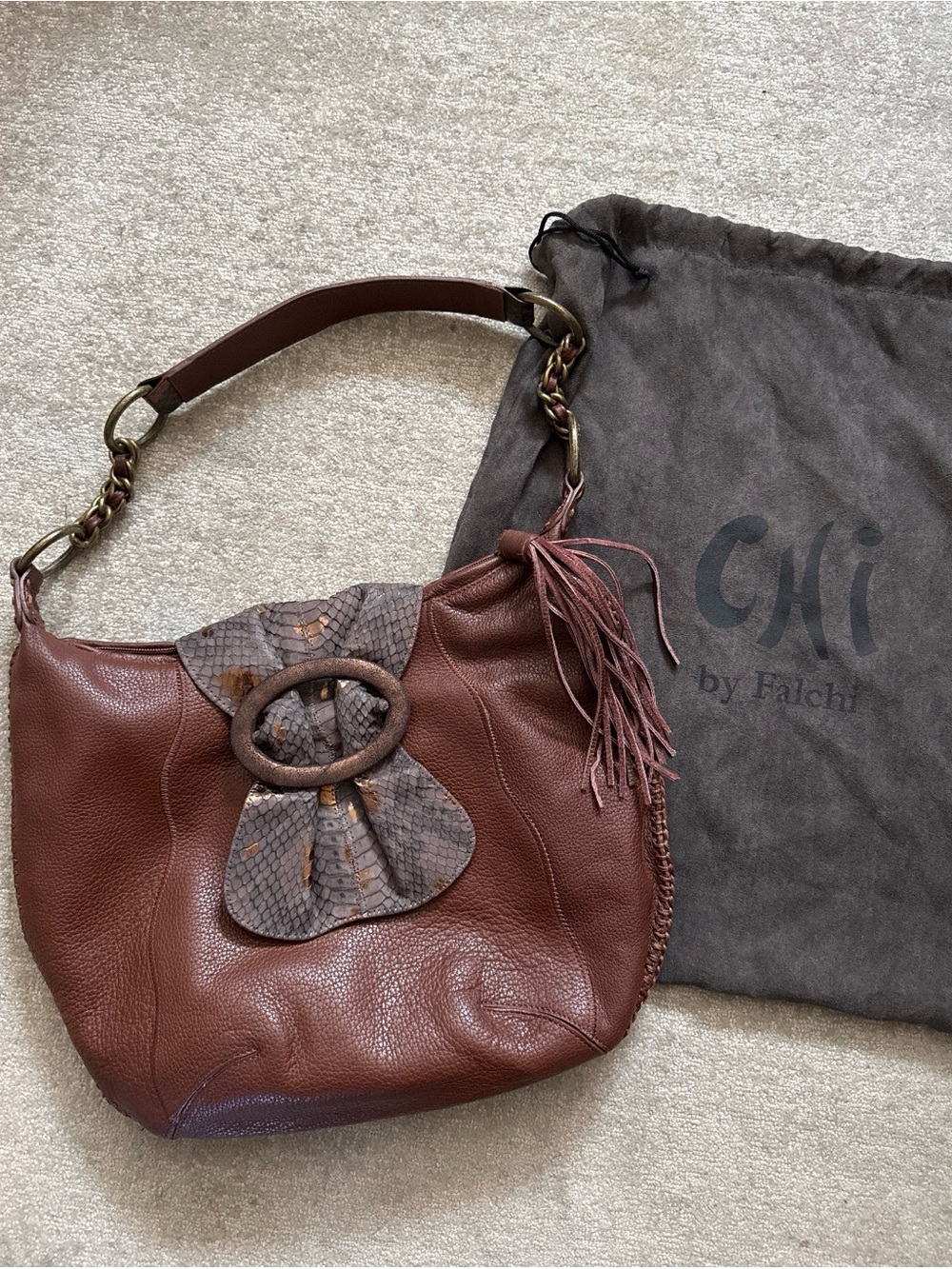 Chi by Falchi real brown leather bag with real snake skin accent.